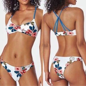 NWT White Low Rise Bikini Set Size Large Blue Floral Printed Bathing Suit